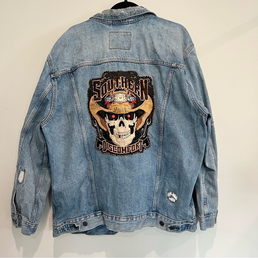 Levi’s Jean Jacket Distressed Denim Southern Discomfort Skull Cowboy 3XL